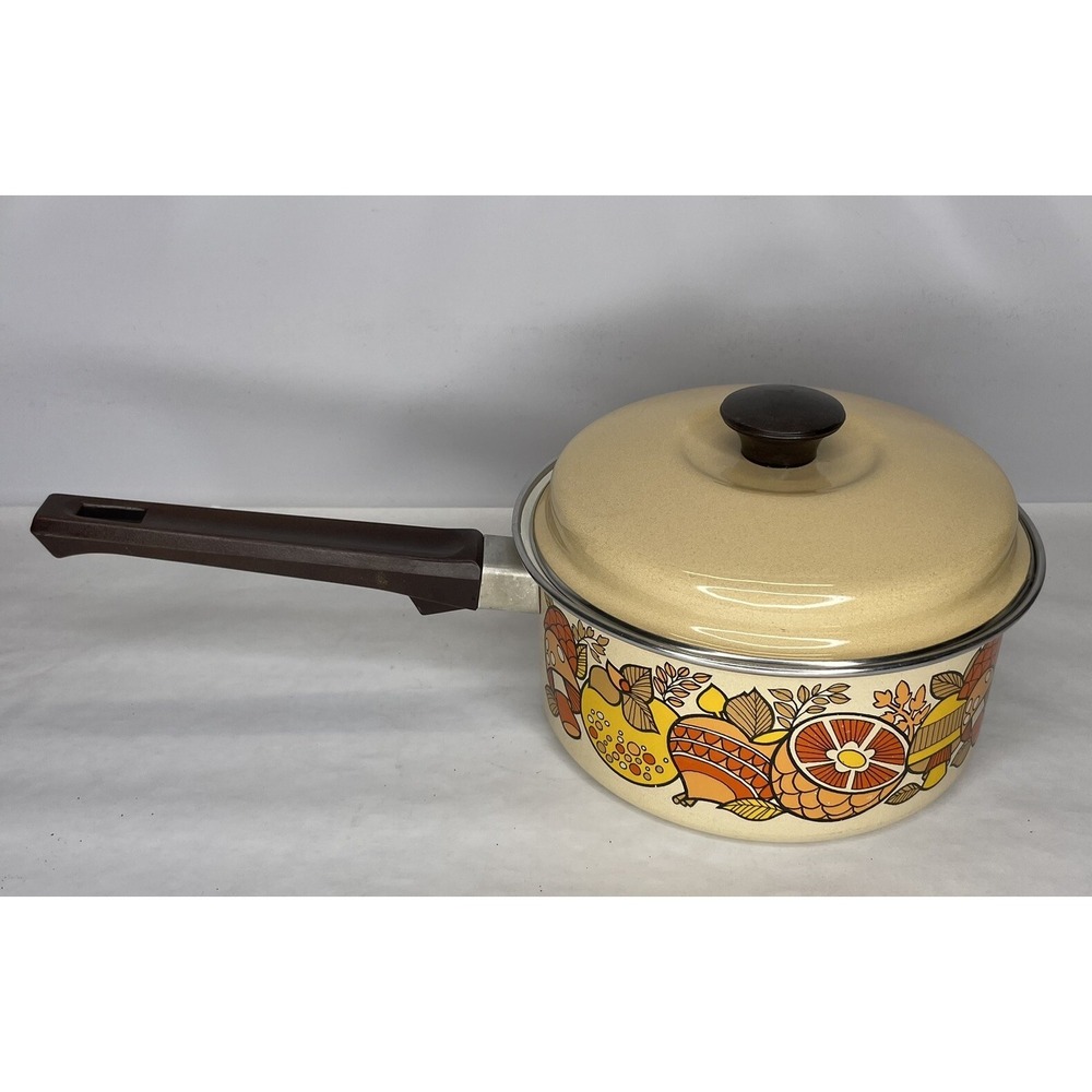 Vintage 1970s Sears Merry Mushroom Enamel 2 Quart Saucepan With Lid MCM